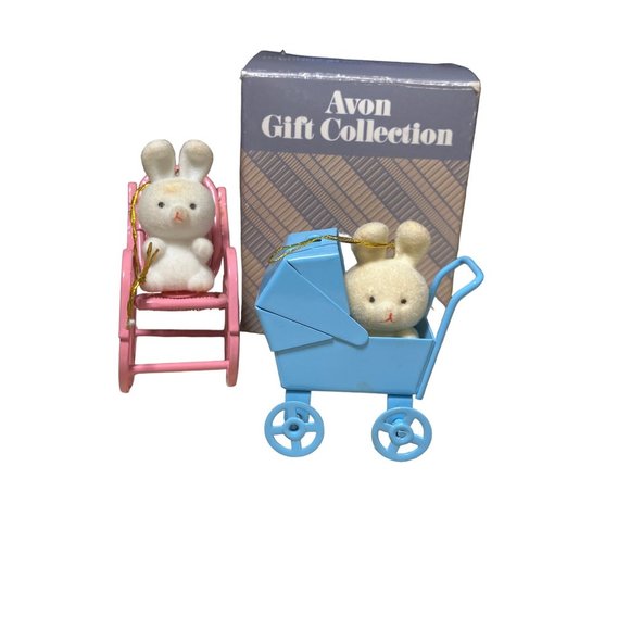 Avon Spring Bunny Collection-  Bunny in Baby Carriage & Rocker Ornaments - Picture 1 of 9